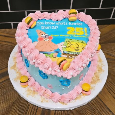 Spongebob themed Cookies & Cream heart cake.. Happy Easter! #odenisecupcakesandsweets #millbrookalabamabaker #mgm #smallbusiness ##cakedecorating #cakedesign #spongebobcake Pink Spongebob Cake, Spongebob Cookie Cake, Spongebob Cake 25, 25th Cake, Spongebob Birthday Party Decorations, Golden Bday, Cake For Men, Heart Birthday Cake, 25th Bday