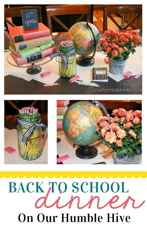 Elementary Graduation Party Ideas, Dinner Decor Ideas, School Centerpieces, Back To School Dinner, Teacher Retirement Parties, Elementary Graduation, Teacher Party, School Dinner, School Dinners