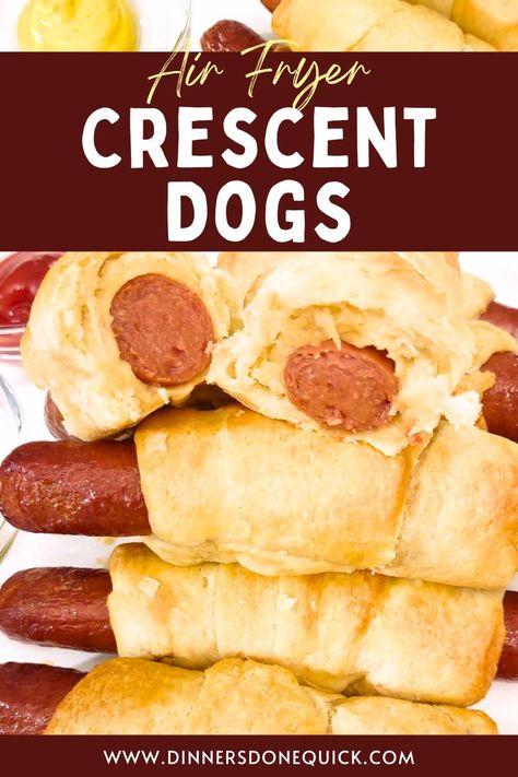 Golden on the outside, juicy on the inside - who can resist these insanely easy crescent dogs made in the air fryer in under 15 minutes! This recipe is sure to be a hit at your next family dinner or game day. Pin it now to save this recipe for later! #DinnersDoneQuick #CrescentDogs #CrescentRollHotDogs #HotDogsinCrescentRolls #HotDogsWrappedinCrescentRolls #CrescentHotDogs #AirFryerCrescentDogs #CrescentWrappedHotDogs #HotDogsCrescentRolls #quickfamilymeals #easyfamilydinners Air Fryer Crescent Rolls, Crescent Dogs Pillsbury, Hot Dog Crescent Rolls Air Fryer, Pillsbury Crescent Rolls In Air Fryer, Crescent Roll Breakfast Recipes Air Fryer, Air Fryer Cheese Crescent Rolls, Crescent Hot Dogs, Cresent Roll Hot Dog, Crescent Dogs