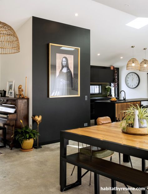 This home shows why you shouldn’t fear using edgy Resene Black on your walls | Habitat by Resene Colour Home, Resene Colours, Matte Black Kitchen, Concrete Flooring, Paint Colour, Sleepless Nights, One Bedroom Apartment, Internal Doors, Black Kitchens