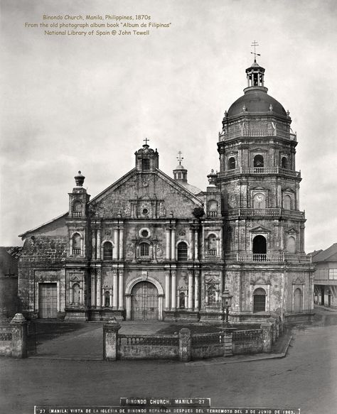 https://flic.kr/p/Qtdg5x | Binondo Church | Text in Spanish reads: Church of Binondo repaired after the Earthquake of June 3, 1863  From the old photograph album book “Album de Filipinas” Copyright: National Library of Spain Old Philippines Aesthetic Vintage, Black Nazarene Philippines, Historical Philippines, Philippine Churches, Vintage Philippines, Philippine Architecture, Fort Santiago, Filipino Architecture, Philippine History