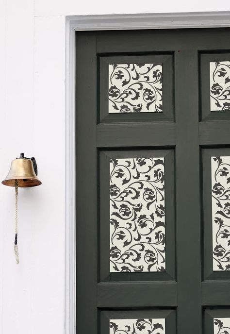 What a Difference a Door Makes! - Front Door Makeover Ideas! Stenciled Doors, Black And White Furniture, Furniture Stencil, Royal Design Studio Stencil, Wallpaper Door, Front Door Makeover, Raised Panel Doors, Stencil Furniture, Door Makeover