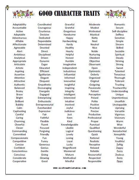 Free Printable Good Character Traits List. Free Printable Good Character Traits List that you can use to teach your students about Good Character Traits at school. The Good Character Traits List includes the 210 Good Character Traits organized in alphabetical order. Print all Good Character Traits List that you need to hand out to your children at home or students Likes And Dislikes List Character, Character Traits Worksheet, Character Traits For Kids, List Of Character Traits, Character Traits Writing, Character Traits List, Character Trait Worksheets, Good Character Traits, Therapy Goals