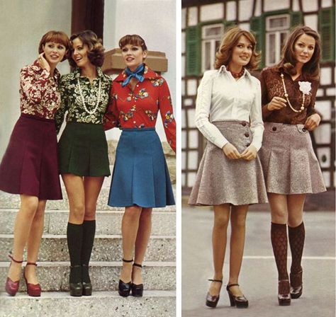 70's fashion from Life as I C it. 80s Mini Skirt Outfit, 70s Mini Skirt Outfit, 80s Preppy Fashion Women, 1970s Party Outfit, 70s Skirts, Los 70s, 1970 Style, 70s Inspired Outfits, Preppy Mode