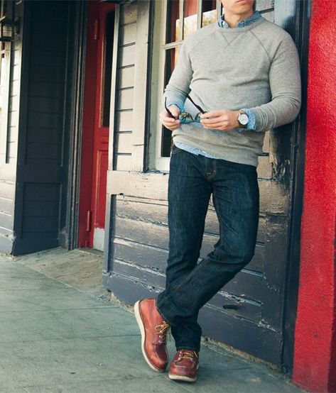 dark denim, a grey sweater over a shirt and brown shoes as a nice casual friday outfit Mens Fashion Fall Outfits, Men's Fall Fashion, Mens Summer Fashion Beach, Jeans Outfit Men, Mens Fashion Work, Mens Fashion Sweaters, Preppy Mens Fashion, Mens Fashion Casual Winter, Mens Fashion Simple