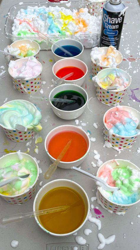 Shaving Cream Color Mixing, Sensory Shaving Cream Activities, Shaving Cream Activities, Montessori Stations, Shaving Cream Easter Eggs, Toddler Sensory Bins, Color Factory, Sensory Ideas, Food Activities