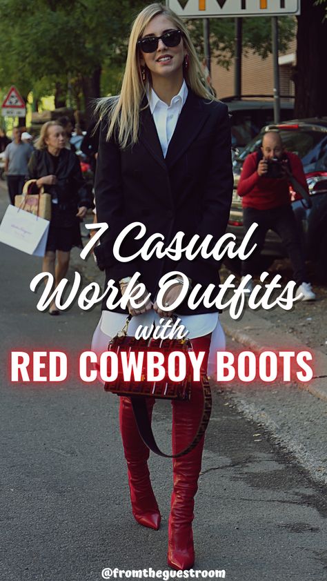 a woman wears red cowboy boots to work, western outfit How To Style Red Boots, How To Style Red Cowboy Boots, Red Cowboy Boots Outfit Fall, Outfits With Red Boots, Red Western Boots Outfit, Red Boots Outfit Western, Red Cowgirl Boots Outfit, Cowboy Boots Outfit Fall, Short Cowboy Boots Outfit