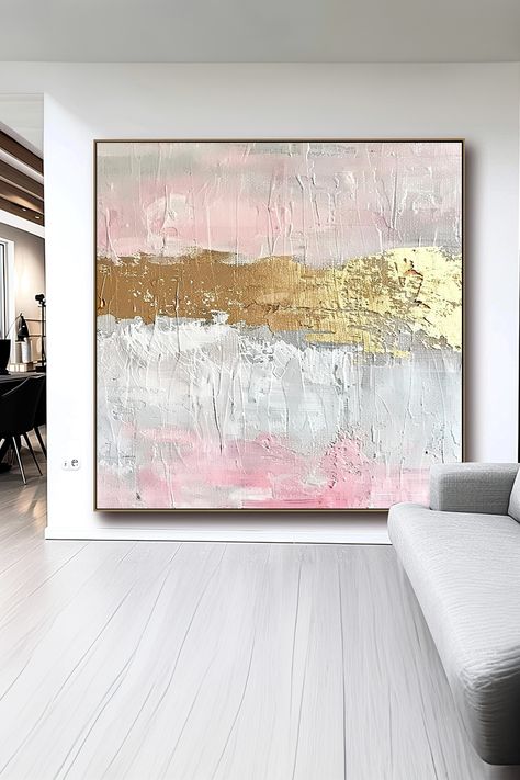 Original textured abstract painting with pink, white, and gold tones, featuring heavy brushstrokes and metallic accents Pink And Gold Abstract Painting, Gold Abstract Painting, Textured Painting, Floral Abstract, Handmade Artwork, Gold Floral, Texture Painting, Abstract Floral, Pink Gold