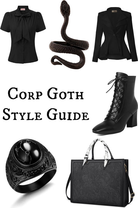 The grown up goth's answer to the corporate work force: corp goth. Elevate key office outfit components - think blazers, pencil skirts and trousers - by mixing in your spooky style. Soft Goth Work Outfits, Amazon Goth Clothes, Goth Style In Your 40s, Corporate Witch Outfit, Posh Goth Fashion, Goth Office Ideas, Corporate Punk Outfits, Classy Gothic Outfits For Women, Corp Goth Aesthetic