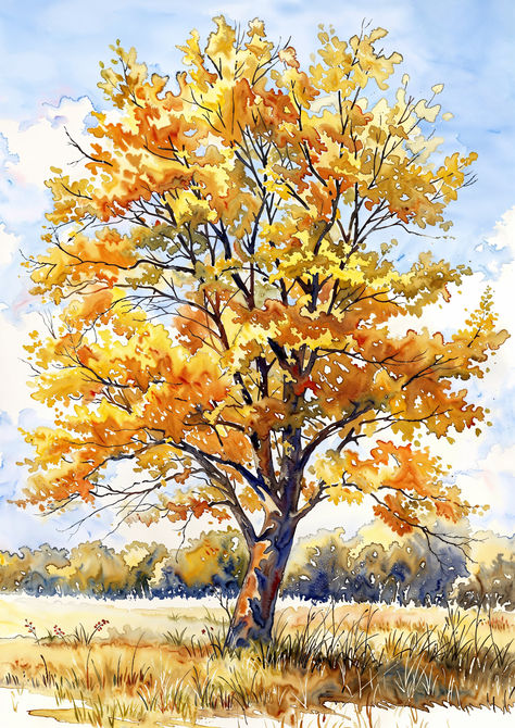 Bask in the glow of the Golden Autumn Majesty, a watercolor tribute to the radiant splendor of an autumn tree. Autumn Watercolor Art, Autumn Landscape Drawing, Autumn Tree Drawing, Acrylic Markers, Autumn Watercolor, Fall Tree Painting, Garden Watercolor, Beautiful Art Paintings, Watercolor Beginner