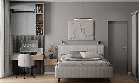 BEDROOM IN GRAY TONES :: Behance Hotel Inspired Bedroom, Small Living Room Chairs, Bed With Desk, Bedroom Renovation, Gray Tones, Interior Design Architecture, Small Home Office, Bed Desk, Home Desk