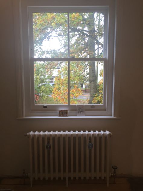 Our new sash windows and cast iron radiators Cast Iron Radiator Under Window, Radiator Aesthetic, Window Radiator, Hart House, Night Window, Cast Iron Radiators, Sash Windows, House Renovation, Main Bedroom