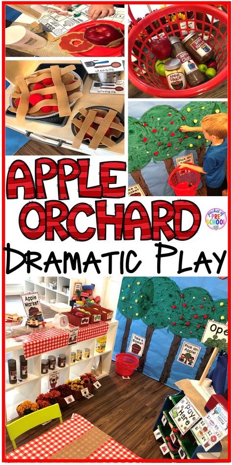 Apple Orchard Play Center, Apple Picking Gross Motor, Dramatic Play For Kindergarten Classroom, Pocket Of Preschool Fall, Apple Harvest Activities, Preschool Apple Dramatic Play, Pocket Of Preschool Apples, Nature Dramatic Play Ideas, Apple Orchard And Pumpkin Patch Dramatic Play