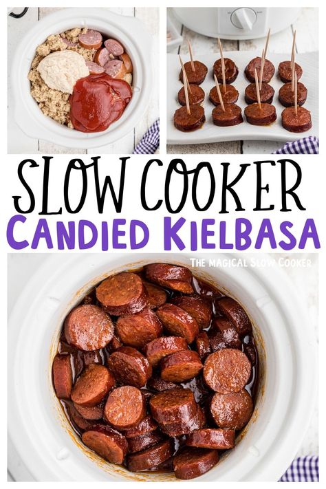 Candied Kielbasa, Kielbasa Sausage Recipes, Kielbasa Appetizer, Crockpot Snacks, Slow Cooker Holiday Recipes, Crockpot Party Food, Kielbasa Bites, Kielbasa Recipe, Slow Cooker Candy