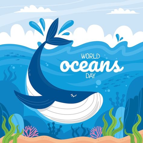 Cartoon Poster Design, Fancy Background, Ocean Vector, Posters For School, World Ocean Day, Fish Cartoon, Whale Fish, World Oceans Day, Ocean Illustration