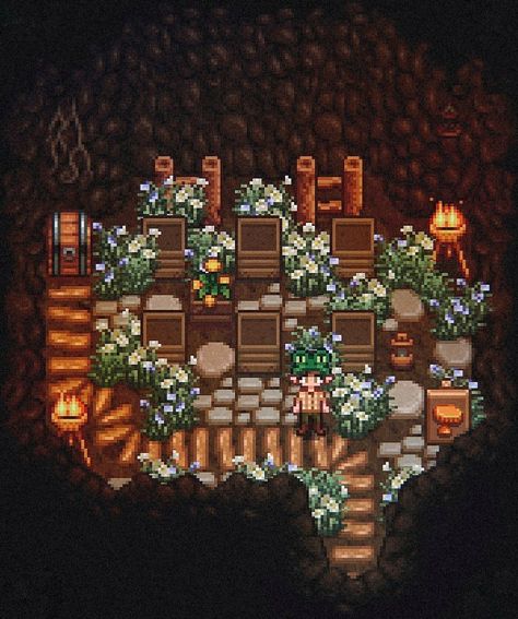 Stardew Valley Starter House, Modded Stardew Valley Farm, Stardew Valley Mushroom Cave Layout, Stardew Valley Grandpa Farm, Stardew Obelisk Layout, Hill Top Farm Stardew Valley, Stardew Valley Cave Layout, Cute Stardew Valley Farm Layout, Stardew Valley Mines Decoration