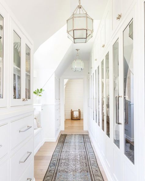 Marie Flanigan Interiors (@marieflaniganinteriors) • Instagram photos and videos Attic Closet Ideas, Walk Through Closet, Style Me Pretty Living, Attic Closet, Built In Dresser, Slanted Ceiling, Small Lanterns, White Storage, Circa Lighting