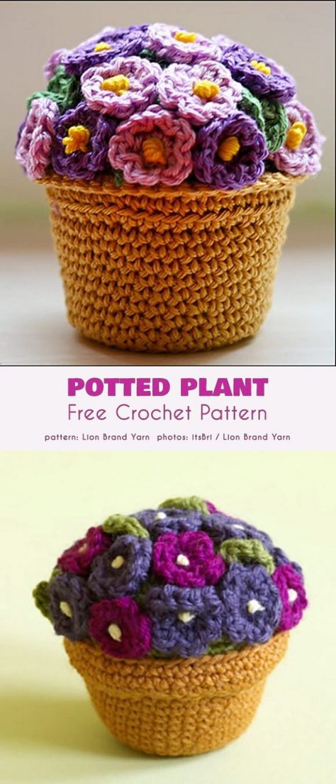 Potted Plant Free Crochet Pattern This is an easy, but highly realistic pattern with a beautiful flowerpot and a dense, full array of blossoms. Crochet Flowers Free Pattern, Crochet Cactus, Crochet Bouquet, Pola Amigurumi, Crochet Plant, Crochet Vintage, Crochet Flower Patterns, Diy Crochet Projects, Free Crochet Patterns