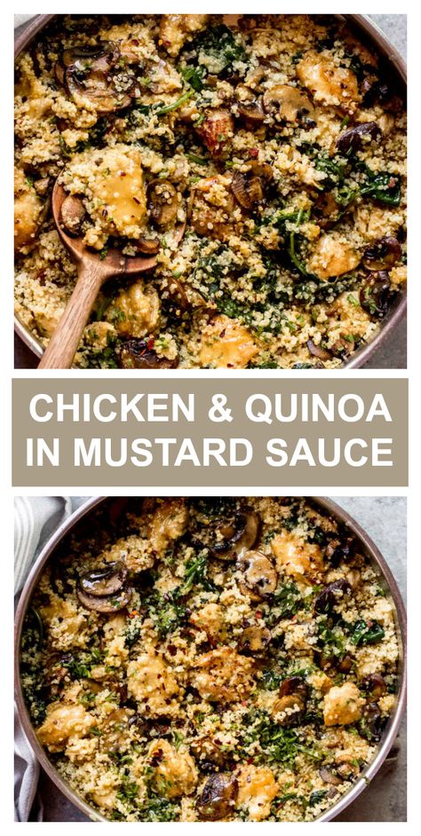 Chicken Mustard, Chicken And Quinoa, Quinoa Recipes Easy, Mushrooms And Spinach, Quinoa Recipes Healthy, One Pan Meal, Chicken Quinoa, One Pot Chicken, Mustard Sauce