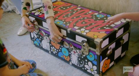 Summer Camp Trunk Decorating Ideas, Camp Trunk Decorating Ideas, Pine Cove Camp, Kameron Westcott, Overnight Camp, Camp Trunks, Tv Reality, Painted Trunk, Big Blonde Hair