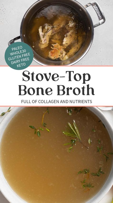 Healing and nourishing bone broth is easy to make in the comfort of your own home! In a few simple steps, you'll have a homemade broth simmering away on the stove, ready to be sipped or stirred into soups. Home Made Bone Broth, Chicken Bone Broth Recipe, Bone Broth Diet, Homemade Broth, Bone Broth Soup, Making Bone Broth, 40 Aprons, Homemade Bone Broth, Bone Broth Recipe