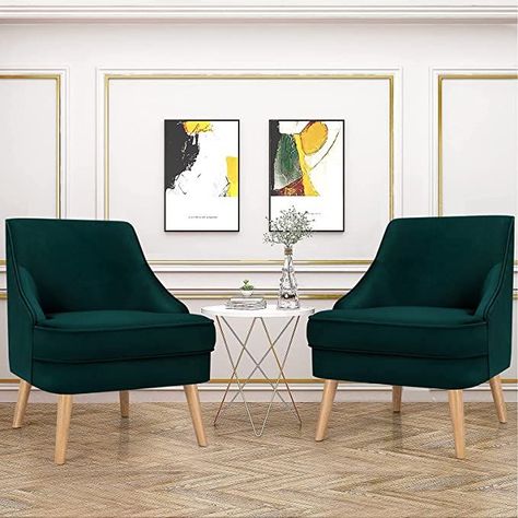 Giantex Set of 2 Velvet Accent Chairs, Mid Century Single Sofa Chair w/Rubber Wood Legs, Comfy Slipper Chair, Upholstered Armless Leisure Side Chair for Living Room, Bedroom, Meeting Room, Green Accent Chairs Mid Century, 2 Accent Chairs, Velvet Accent Chairs, Dining Room Simple, Small Living Room Chairs, Room Green, Accent Chair Set, Velvet Accent Chair, Leather Accent Chair