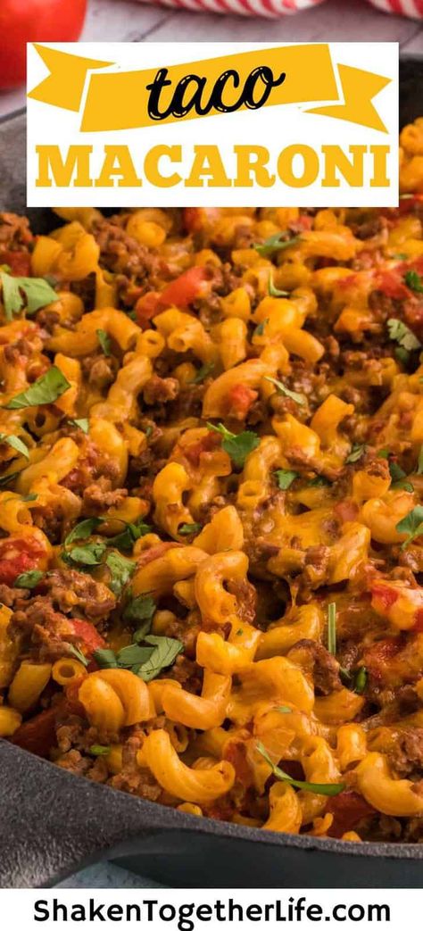 Taco Mac is an easy, one-pan dinner the whole family will love. With a few simple ingredients like ground beef, taco seasoning, cheddar cheese, and just 30 minutes of cook time, this easy recipe is destined to be one of your family favorites! One Pot Taco Mac And Cheese, Mac And Cheese With Ground Beef, Taco Mac N Cheese, Taco Alfredo, Dinner Ideas For 2, Taco Macaroni, Taco Recipes Ground Beef, Creamy Sausage Pasta, Beef Taco Seasoning