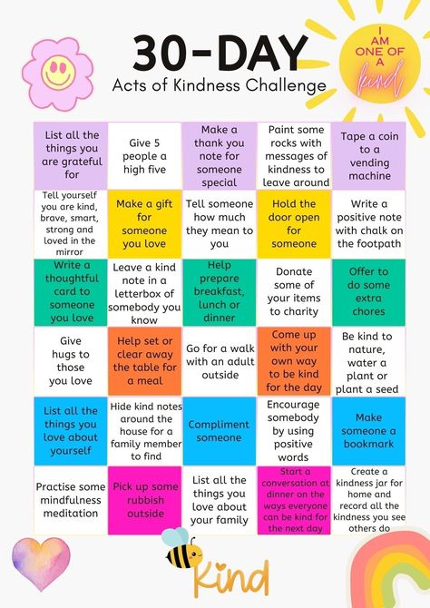 Embark on a heart warming Adventure with Our 30-Day Acts of Kindness Challenge for Kids!  Introducing the perfect way to spread joy and learn the power of kindness - our 30-Day Acts of Kindness Challenge, specially designed for young children. Each day brings a new, simple, and fun task that little ones can easily complete. Tailored for young kids, these daily acts of kindness are simple yet impactful. This Act of Kindness Challenge will: Foster Empathy and Compassion: Watch as your child discovers the joy of giving and caring for others. Build Positive Habits: Encourage a lifetime of kindness with these engaging daily challenges. Create Family Bonding: A great way to connect as a family and create lasting memories. Let's make the world a kinder place, one small act at a time! Please note 100 Acts Of Kindness For Kids, Kindness Month Ideas, National Kindness Day Activities, Random Acts Of Kindness For Kids, Teaching Kindness To Kids, 30 Day Kindness Challenge, Kindness Challenge For Kids, Kindness Crafts For Kids, 30 Days Of Kindness