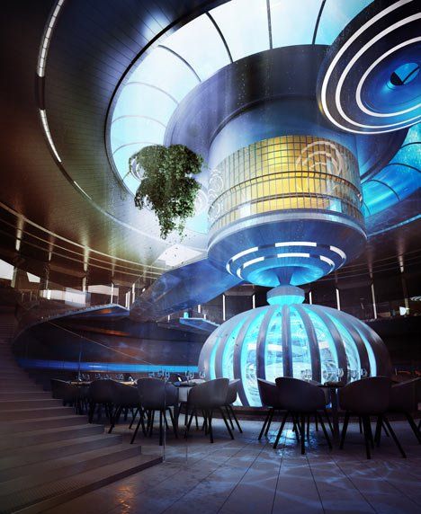 The world's largest underwater hotel is being planned for Dubai, with rooms both on the seabed and on stilts above the surface (+ slideshow). The Water Discus hotel has been designed by Polish company Deep Ocean Technology (DOT), whose other ventures include designing underwater vehicles and equipment for seabed exploration. The hotel will be made up of two main discs, one above the water and one below the surface, connected by five columns and a vertical shaft for the stairs and lift. Small Dubai Underwater Hotel, Futuristic Restaurant, Hotel Pics, Dubai Restaurant, Water Hotel, Underwater Hotel, Architecture Cool, Travel Dubai, Hotel Plan