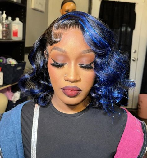 Blue Highlight Wigs For Black Women, Blue Bob Hairstyles For Black Women, Blue Bob Black Women, Midnight Blue Wigs For Black Women, Black And Blue Bob Black Women, Blue Bob Lace Front Wig, Bob Black Women, Blue Bob, Bob Black