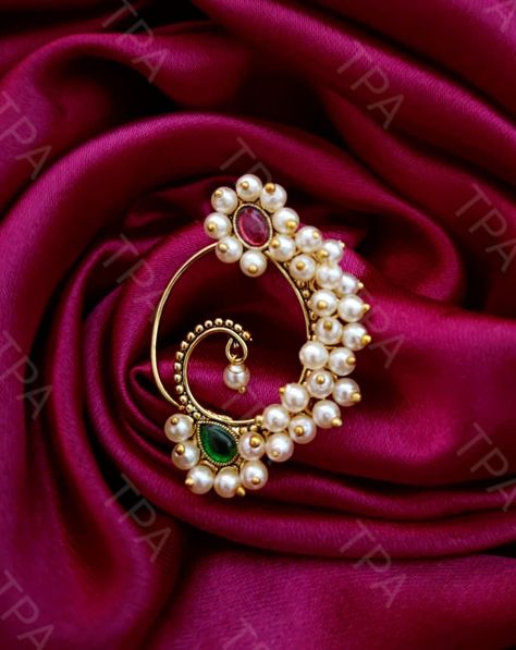 Press Nath Nose Ring, Marathi Nath Designs, Nath Bridal Marathi, Maharashtrian Nath Designs, Moti Jewellery, Painting Jewellery, Nath Designs, Maharashtrian Nath, Nath Design