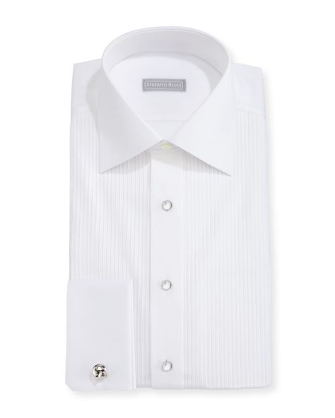 Stefano Ricci tuxedo shirt. Pleated front. Point collar. French cuffs. Shirttail hem. Cotton. Made in Italy. Please note: Cuff links sold separately. Tuxedo Shirt, Stefano Ricci Men, French Cuff, Tuxedo Dress, Tuxedo Shirts, Tailored Dress, Cuff Links, Curator Style, White Long Sleeve