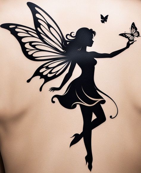 "Elegant Fairy Flight" Black ink silhouette of a fairy with butterfly and stars, capturing a graceful pose. #ElegantFairy #MinimalistTattoo #BlackInkArt #TattooInspiration "Fairy in Flight" Fairy Outline Tattoo, Butterfly And Stars, Ink Silhouette, Black Ink Art, Dragon Tattoo Art, Fairy Butterfly, Fairy Silhouette, Fairy Stuff, Butterfly Tattoos For Women