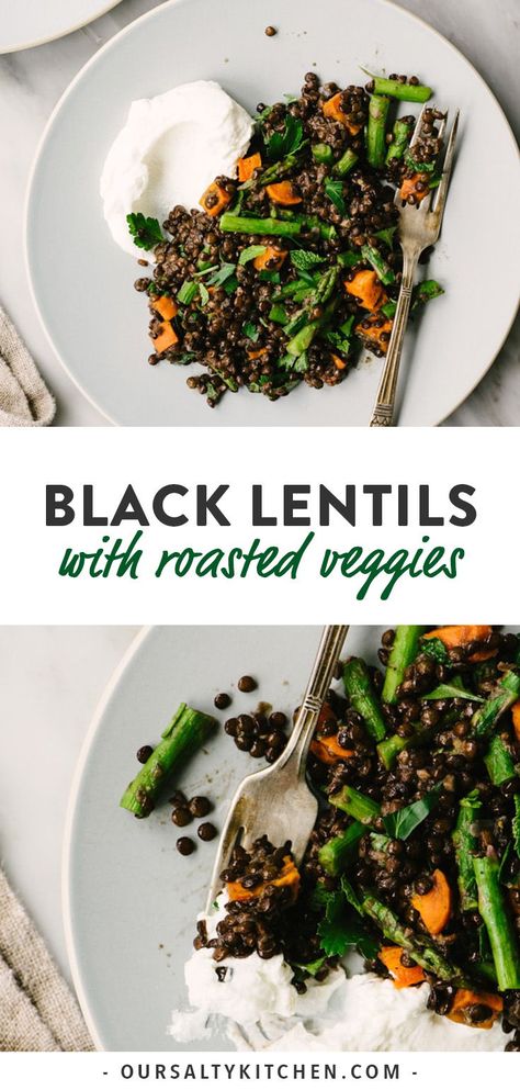 Elevate your meatless Monday game with these easy on the eyes, heavy on the flavor, vegan black lentils with roasted vegetables! Figuring out how to cook black lentils might seem intimidating, but I promise it's super easy. You'll be a pro in no time using my tried-and-true tips. #blacklentils #recipe #vegan #vegetarian #asparagus Lentils And Asparagus, Vegan Black Lentil Recipes, Recipes With Black Lentils, Black Lentils Recipe, Cava Black Lentils Recipe, Black Lentil Recipes, Vegetarische Diners, Asparagus Recipes Oven, Best Asparagus Recipe