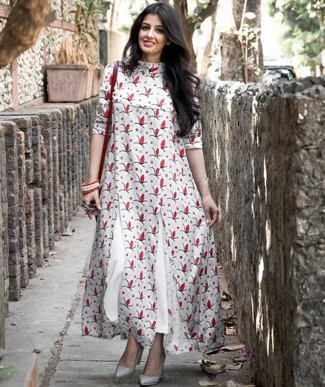 White Printed High Neck Long Kurti with Front Slits Long Kurta Designs, डिजाइनर कपड़े, Salwar Designs, Long Kurti, Long Kurti Designs, Salwar Kamiz, Neckline Dress, Indian Attire, Desi Fashion