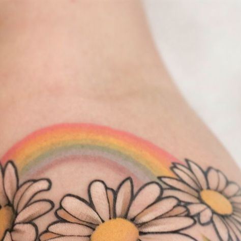 Daisy With Paw Print Tattoo, Daisy And Bee Tattoo, Bee With Daisy Tattoo, Rainbow Daisy Tattoo, Whoopsie Daisy Tattoo, Rainbow Tattoo, Bumble Bee Tattoo, Rainbow Tattoos, Daisy Tattoo