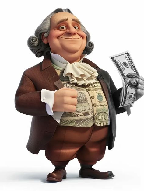 Full Color Image in ai-img-gen.com 🔸 a full-body image of Benjamin Franklin proudly holding a $100 bill with both hands. solid white back... 🔸 From Midjourney AI Image Powdered Wig, 100 Bill, $100 Bill, Brown Suit, Wealth And Prosperity, Suit Covers, Dollar Bills, Color Image, Brown Suits