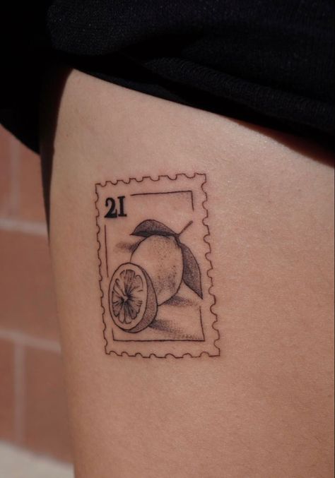 Lemon Shoulder Tattoo, Orange Post Stamp Tattoo, Cereal Box Tattoo, Lemon Tattoos Minimalist, Matching Lemon Tattoos, Italian Postage Stamp Tattoo, Italy Post Stamp Tattoo, Lemon And Flower Tattoo, Letter Stamp Tattoo