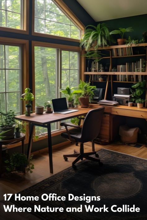 Sunlit home office with panoramic forest view, array of indoor plants, wooden furniture, dark green walls, and an intricate rug. Home Office Dark Walls, Dark Wood Office, Green Office Walls, Green Office Design, Dark Green Office, Green Home Offices, Spare Room Office, Home Office Dark, Dark Rug