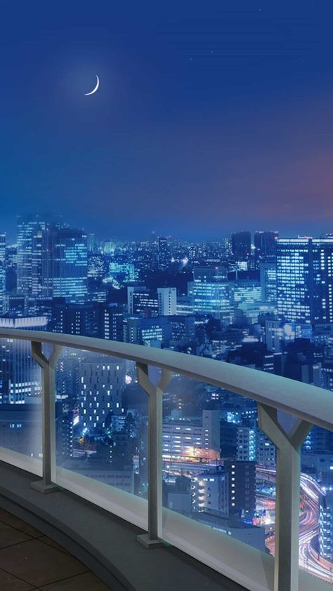 Anime Background, At Night, The Sky, The Moon, Balcony, The City, Moon, Anime