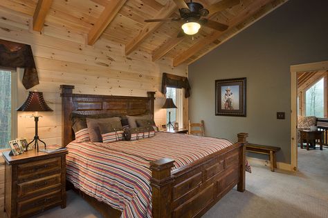 Interior, horizontal, master bedroom, Adair residence, Blowing Rock, North Carolina Cabin Wall Colors, Log Home Bedroom, Log Home Interior, Log Cabin Interior, Log Home Interiors, Cabin Bedroom, Knotty Pine, Ideas Hogar, Log Cabin Homes