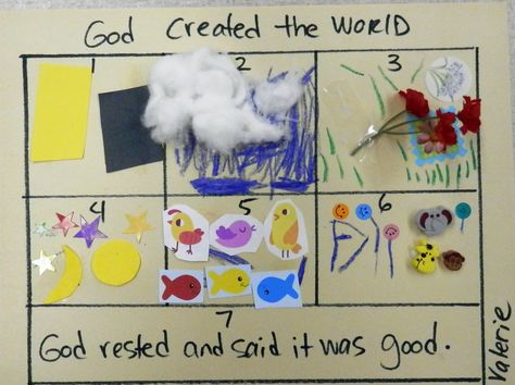 Creation Craft -- God Created the World in 7 Days.  We did this together as a class.  I would go over Day 1 and tell them what to glue.  Then talk about day 2, and so on.  This was done after I told them a Bible story and also watched a short video about Creation. God Created The World Craft Preschool, God Created The World In 7 Days Crafts, God Creates The World Craft, God Created The World Craft, God Created The World In 7 Days, Gods Creation Crafts, God Created The World, Creation Activities, Sunday School Projects