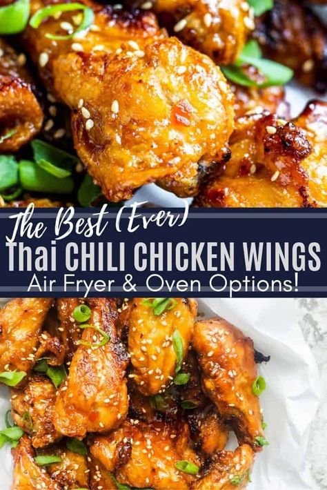 The Thai Sweet Chili Chicken Wings make the best easy appetizer or snack for game days and parties! The crispy wings are cooked in the air fryer (Ninja Foodi) for easy prep and clean up in only 30 minutes. The wings are then tossed in homemade sweet chili sauce, broiled in the oven and served with sesame seeds and Sriracha Ranch! Step by step instructions, VIDEO and oven option available! #chickenwings #gamedays #tailgating #appetizer #recipe #food #Asian #Thai #chickenrecipes #easyrecipes Sriracha Chicken Wings Air Fryer, Sweet Chili Wings Air Fryer, Wing Flavors Sauces, Chicken Wings Air Fryer, Chili Chicken Wings, Sriracha Ranch, Sweet Chili Chicken Wings, Wings Air Fryer, Sweet Chili Wings