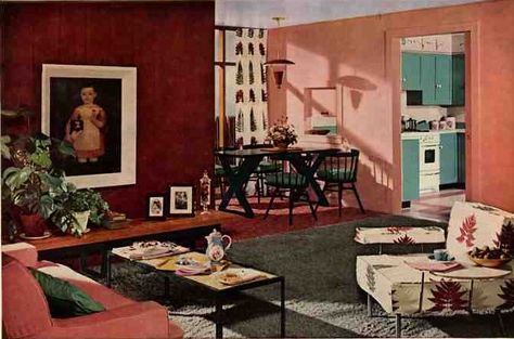 There is so much to love here. And recall that the 50's were about more than modern...notice the touches of colonial which were all the rage then. 50s Living Room, 50s Interior Design, 1950s Interior Design, 50s Interior, 1950s Interior, 1950s Home Decor, 1950s Decor, 1950s House, Retro Interior Design