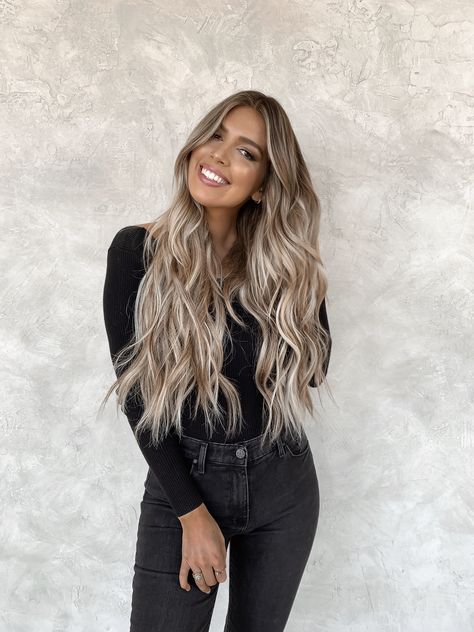 Hair With Dark Roots And Light Ends, 24in Hair Extensions, Dark Roots To Blonde Balayage, Blonde Balayage On Dark Hair Long, Blonde Highlights On Ash Brown Hair, Brown To Blonde Balayage Long, Brown To Ash Blonde Hair, Live In Blonde, Dark To Blonde Hair Transformation