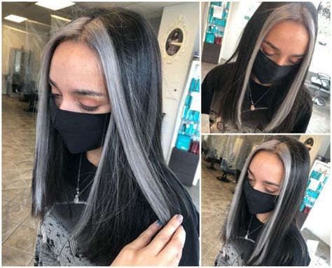 Dark Grey Money Piece Hair, Silver Money Piece Hair Black, Black Hair Grey Money Piece, Black And White Money Piece Hair, Dark Hair Silver Money Piece, Gray Money Piece Hair Black, White Money Piece On Black Hair, Black Hair With Gray Money Piece, Highlights On Long Black Hair