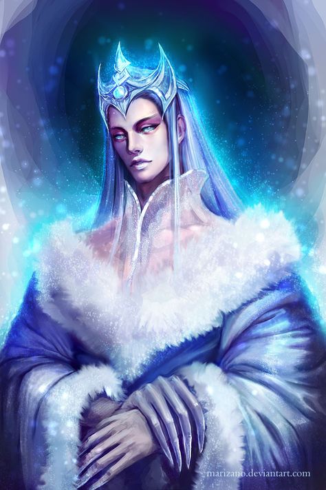 Snow King by Marizano on deviantART Banished Shadow, Snow Spirit, Ice Oc, Snow Elf, Elf King, Character Inspiration Male, Ice King, King Art, Fantasy Male