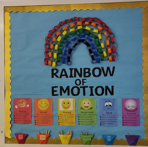 Feelings Display Board, Primary School Room Ideas, Emotion Board Feelings, Emotion Bulletin Board Ideas, Emotions Board Classroom, Feelings Board Classroom, Rainbow Emotions Activity, Rainbow Feelings Activities, Social Emotional Wall Ideas