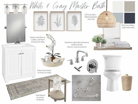 White Bathroom With Grey Floor, Bathroom Decor Gray And White, Bathroom Decor Chrome Fixtures, Gray And Ivory Bathroom, Gray Bathroom With Wood Accents, Silver Accents Bathroom, Silver And Grey Bathroom, Grey And Chrome Bathroom, Bathroom With Silver Hardware