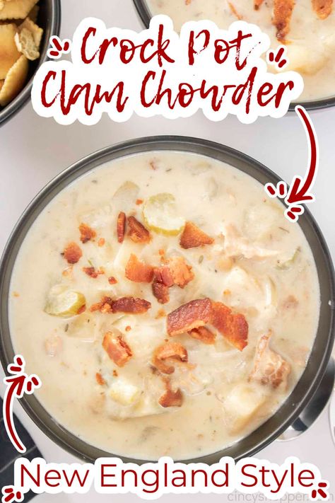 Crock Pot Clam Chowder is a tasty soup recipe that's so easy. Making it New England style gives you a rich & creamy chowder you can't beat! Clam Chowder Recipe Crock Pot, Crock Pot Clam Chowder, Crockpot Clam Chowder, Chowder Recipes Crockpot, Slow Cooker Clam Chowder, Clam Chowder New England, Best Clam Chowder Recipe, Thanksgiving Vegetables Side Dishes, Clam Chowder Recipe